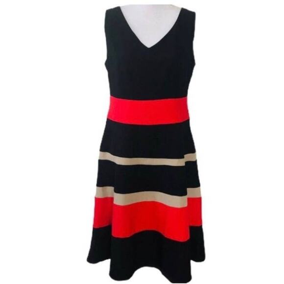 Black Label by Evan Picone Striped Black Red Dress Size 8 - Picture 1 of 4